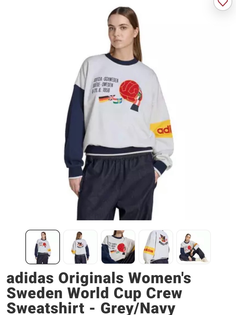 adidas Originals Grey Crewneck Sweatshirt with Navy Sleeves and Yellow Arm Logo